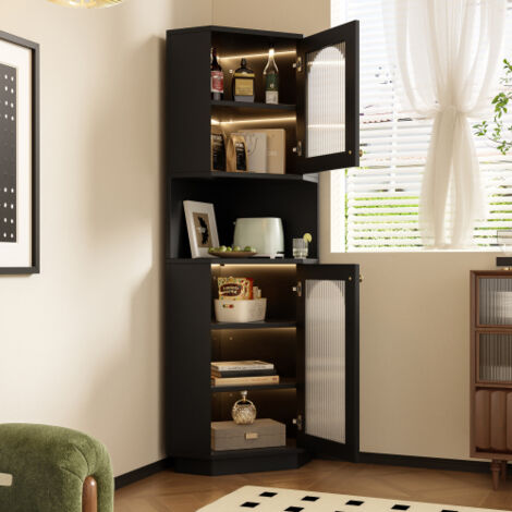 Vitrine 45x45x166,5 cm avec portes vitrées, meuble d'angle, éclairage LED intégré, étagère ouvert et étagères réglables, en MDF, noir