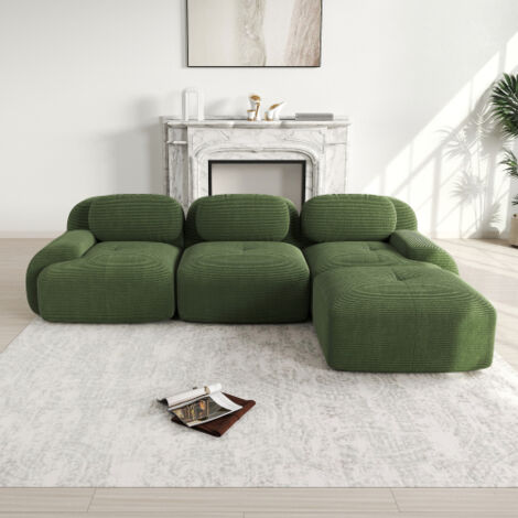 Canapé d'angle, canapé 3 places avec accoudoirs incurvés, 3 coussins, 1 repose-pieds, en velours, vert (1/5)