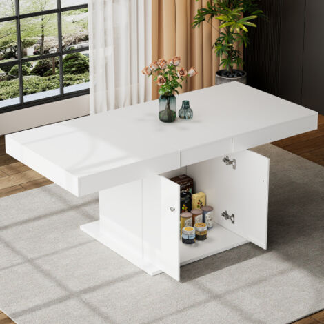 Table à manger extensible 140/180x80x96 cm, table de salon rectangulaire, en bois, blanc (1/5)