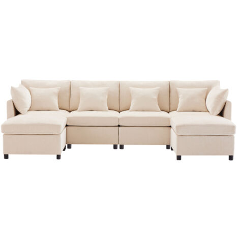 Canapé d'angle, canapé 4 places avec 2 repose-pieds et 6 coussins, en tissu, beige (1/5)