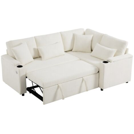Canapé d'angle, canapé 3 places convertible avec 2 porte-gobelets, port USB-Type-C, rangement et coussins, en tissu, beige (1/5)