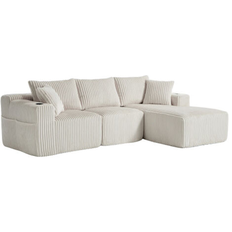 Canapé d'angle, canapé 6 places avec poches latérales et porte-gobelets, 5 coussins, en velours côtelé, beige