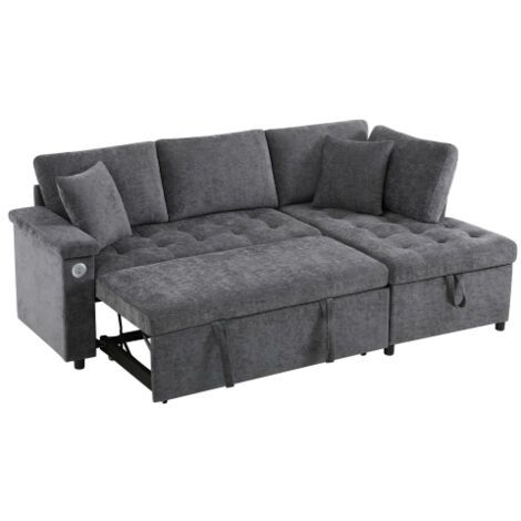 Canapé d'angle, canapé 3 places convertible avec port USB-Type-C, rangement et coussins, en tissu, gris (1/5)