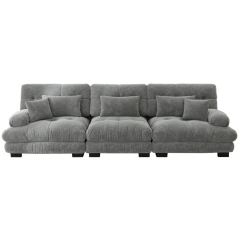 Canapé droit, canapé 3 places avec 5 coussins, assise profonde, en chenille, gris (1/5)