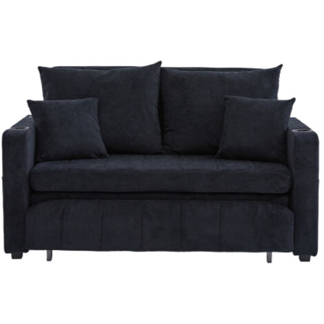 Canapé convertible, dossier réglable, canapé 2 places avec porte-gobelet et 4 coussins, poche latérale, port USB, en chenille, noir (1/5)