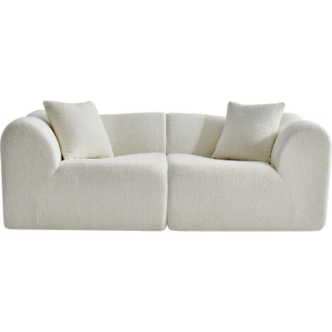 Canapé droit 2 places en velours beige avec 2 coussins, design minimaliste compressé