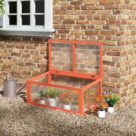 Mini serre de jardin en bois avec panneaux polycarbonate, toit ouvrant, orange, 90x46x40 cm