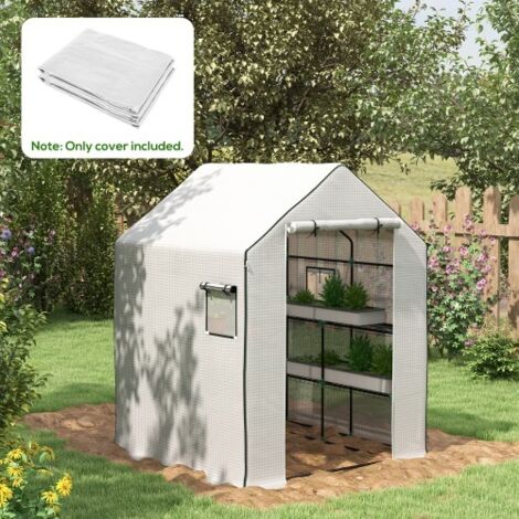Bâche de rechange pour serre 140x143x190 cm PE 135 g/m² anti-UV, porte zippée enroulable + fenêtres moustiquaires, blanche