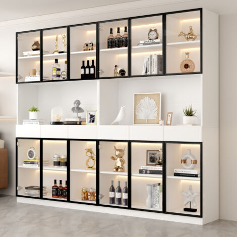 Vitrine haute, portes vitrées, éclairage led, blanc, cadre noir (1/5)