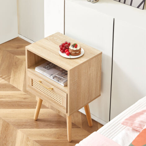 Table de chevet avec tiroir et façade en rotin, naturel, 55x40x30 cm (1/5)