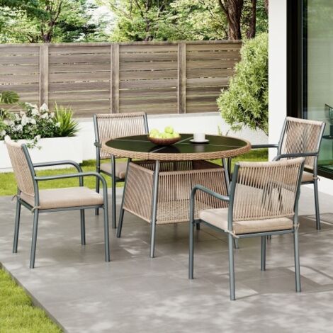 Ensemble table et chaises - table à manger ronde 110x110x74 cm plateau en verre trempé et 4 chaises en polyester marron avec pieds en métal noir (1/5)
