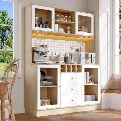 Vaisselier avec led, étagère réglable et rangement pour vin, blanc, en MDF, 140x40x185,7 cm