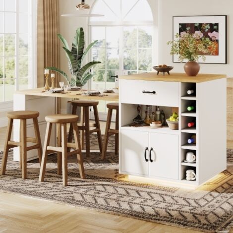 Buffet de cuisine avec table extensible, 2 tiroirs et 4 portes, blanc, en MDF, 80x70x95,5 cm (1/5)