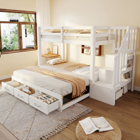 Lit superposé 90 x 200 cm - avec échelle de rangement, 3 tiroirs et lit extensible - en pin - blanc - sans matelas (1/5)