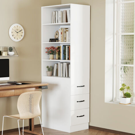 Bibliothèque étroite 180 cm, 3 tiroirs latéraux, 4 niches dont 2 réglables, blanche (1/5)