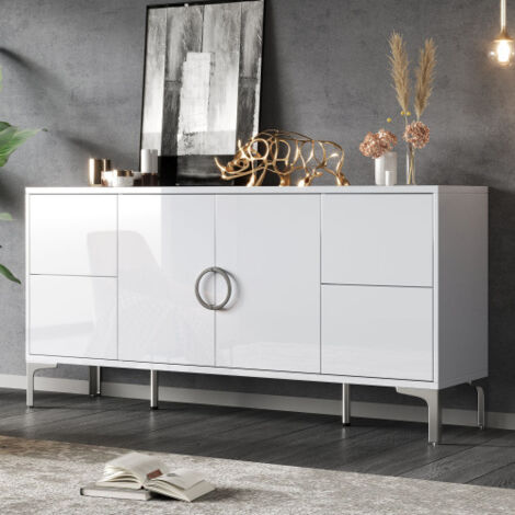 Buffet avec 4 tiroirs et 2 portes, 150 x 38 x 59,5 cm, blanc, en MDF, avec pieds de support en métal (1/5)