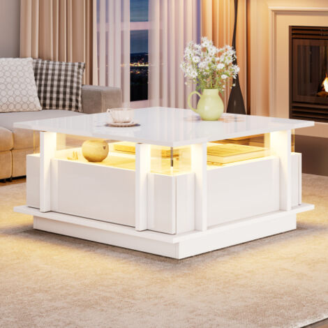 Table basse carrée blanche brillante 70x70x35 cm, en panneaux de particules, avec 2 tiroirs, éclairage LED USB et séparateurs en acrylique