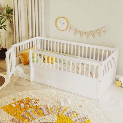 Lit enfant 90x200 cm - avec barrière et porte - blanc - sans matelas