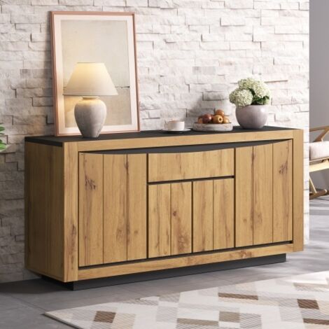 Buffet avec 4 portes et 1 tiroir, bois et noir, en MDF, 140 x 38,5 x 52 cm