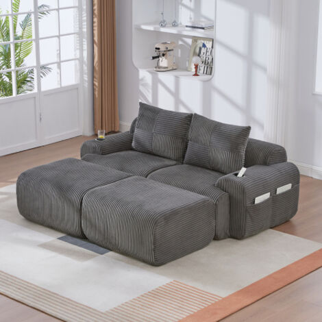Canapé modulaire 2 places en velours côtelé avec 2 poufs, porte-gobelet et poche latérale, gris foncé, 200x174x80 cm (1/5)