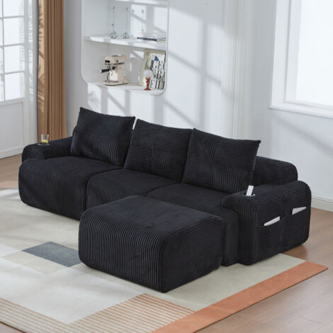 Canapé modulable 3 places en tissu côtelé avec pouf, porte-gobelet et poche latérale, noir, 268x174x80 cm (1/5)