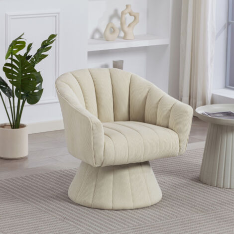 Fauteuil pivotant 360° en velours côtelé beige avec dossier enveloppant et base stable
