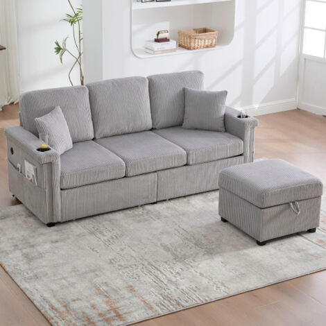 Canapé modulaire en velours côtelé avec led, usb/type-c, un pouf, rangement et poches, gris clair, 194x73x81 cm (1/5)