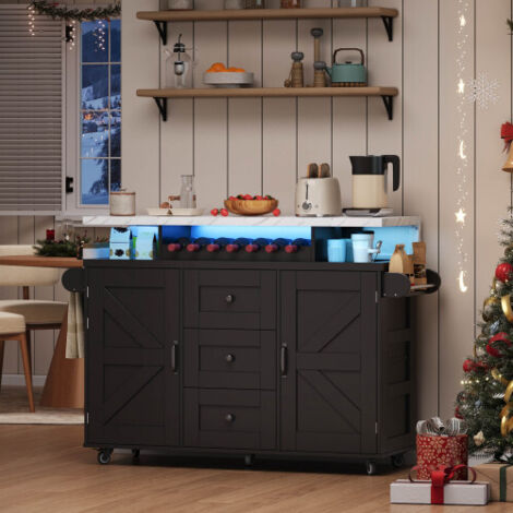 Desserte de cuisine avec led, plateau rabattable, 2 portes et 3 tiroirs, noir, 120x60x93 cm (1/5)