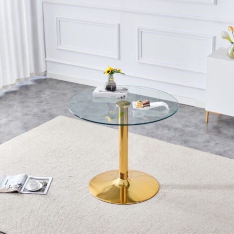 Table de bar ronde, en verre trempé et métal, style moderne, transparent et doré, 85x85x76 cm (1/5)