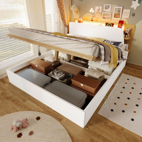 Lit coffre 140x200 cm - avec hydraulique, tête de lit LED, USB et Type-C - en pin - blanc - sans matelas (1/5)