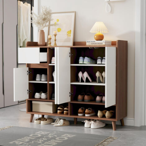 Buffet 4 portes et 1 tiroir, avec étagère réglable, en panneaux de particules, blanc et naturel, 120x35x99 cm (1/5)