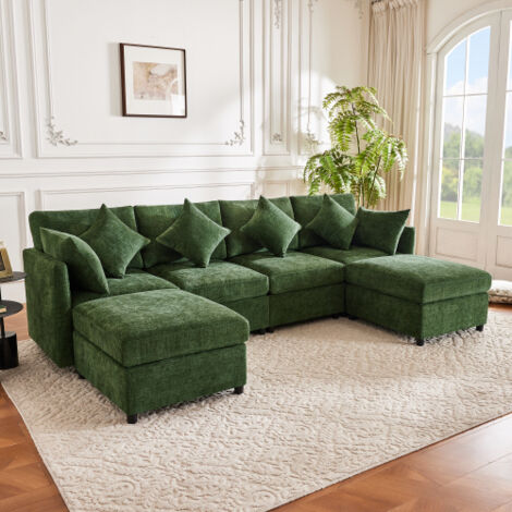 Canapé droit modulaire 4 à 6 places, en chenille, avec 2 poufs et 6 coussins, vert, 278x161x81 cm (1/5)