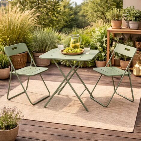 Ensemble table et chaises - table bistrot pliante carrée 60x60x73 cm plateau acier et 2 chaises en acier vert avec pieds en métal verts