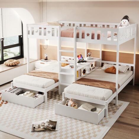 Lit superposé triple 90x200/140x200 cm - avec 2 tiroirs et rangement ouvert - en bois - blanc - sans matelas
