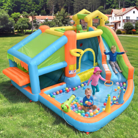 Château gonflable pour enfants avec souffleur 580 w, toboggan, pataugeoire, panier, cuisine de jeu, en tissu oxford, 360 x 350 x 210 cm