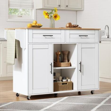 Desserte de cuisine avec table extensible, 2 tiroirs, étagère réglable et 5 roulettes, blanche, 145x70x94,5 cm