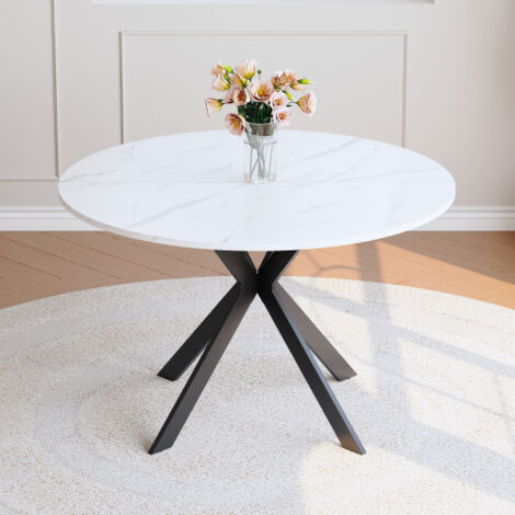 Table à manger 110x110x75 cm, ronde, en MDF et métal, effet marbre blanc, pieds de table noirs (1/5)