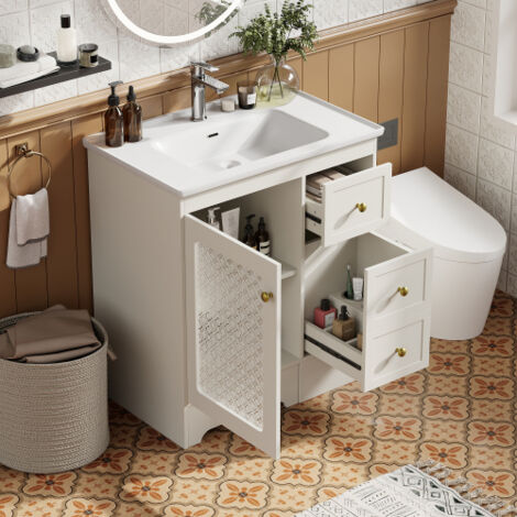 Meuble vasque 80 cm avec tabouret intégre, vasque en céramique, tiroirs et éclairage LED, en MDF, blanc