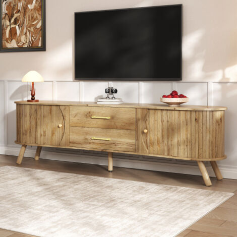 Meuble Tv 160x36,5x55 cm avec 2 portes coulissantes, 2 tiroirs, relief vertical et pieds en bois massif, naturel (1/5)