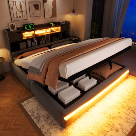 Lit coffre 180x200 cm - avec hydraulique, éclairage LED et ports USB et Type-C - en lin - gris - sans matelas (1/5)