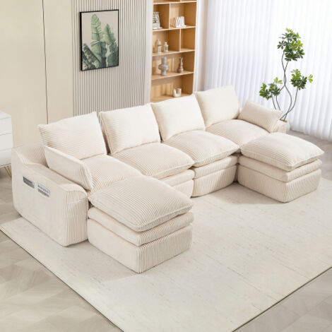 Canapé modulaire 4 places en velours côtelé avec 2 poufs, coussins et 2 poches latérales, beige, 335x167x85 cm (1/5)