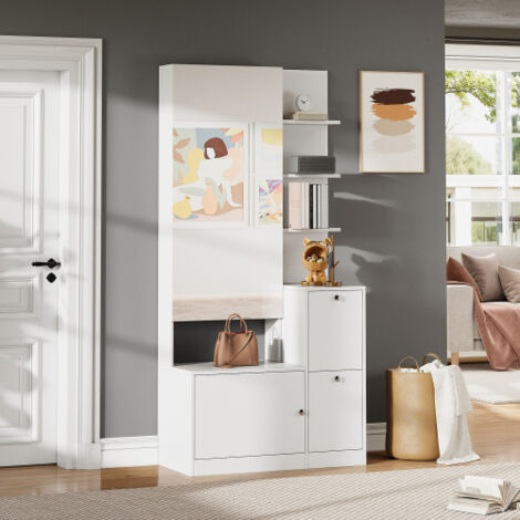 Armoire haute, 85x40x180 cm, avec miroir, étagère à chaussures, cinq étagères ouvertes, en panneaux de particules, blanche (1/5)