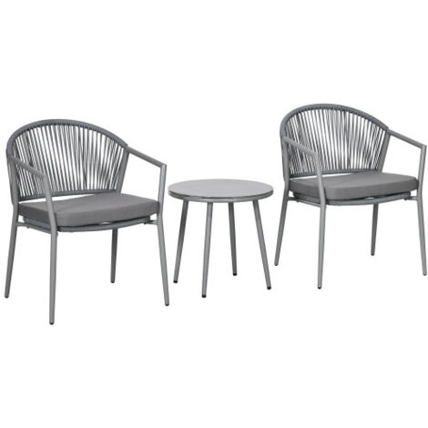 Salon de jardin avec 2 fauteuils et table d'appoint ronde, en résine tressée et acier, gris clair (1/5)