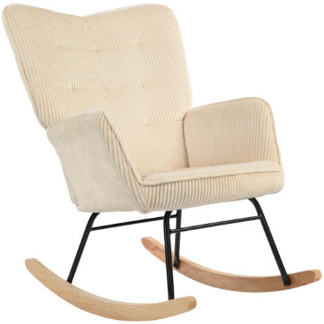 Fauteuil à bascule en côtelé avec accoudoirs et pieds en bois, dossier capitonné, beige