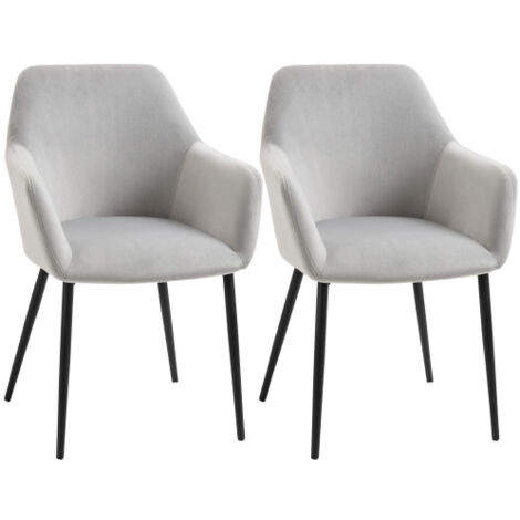 Lot de 2 chaises de salle à manger en velours, avec dossier et accoudoirs, pieds en métal, gris clair (1/5)