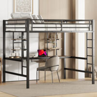 Wishdor – Lit mezzanine 140x200 cm avec bureau et rangements – Cadre en métal noir – Capacité 120 kg – Dimensions 204x145x180 cm