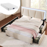 Lit 140x200 cm avec 4 tiroirs, lit adulte, lit ados, lit capitonné beige avec tête de lit réglable en hauteur et éclairage LED, matelas inclus