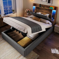Lit coffre enfant 90x200 cm avec port USB Type-C, compartiment de rangement rabattable, éclairage LED, en lin,sans matelas, gris