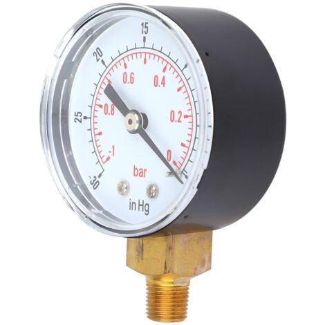 Produktbild von Mechanisches Manometer 1/8 Zoll BSPT – 0-60 Psi / 0-4 Bar, Doppelskala, Bodenanschluss, Für Luft, Öl & Wasser