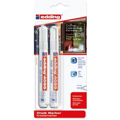 Edding – Marqueur craie blanc 2-3 mm – Craie liquide à base d'eau – Effaçable sur surfaces poreuses et non poreuses – Lot de 2 pièces - A385632